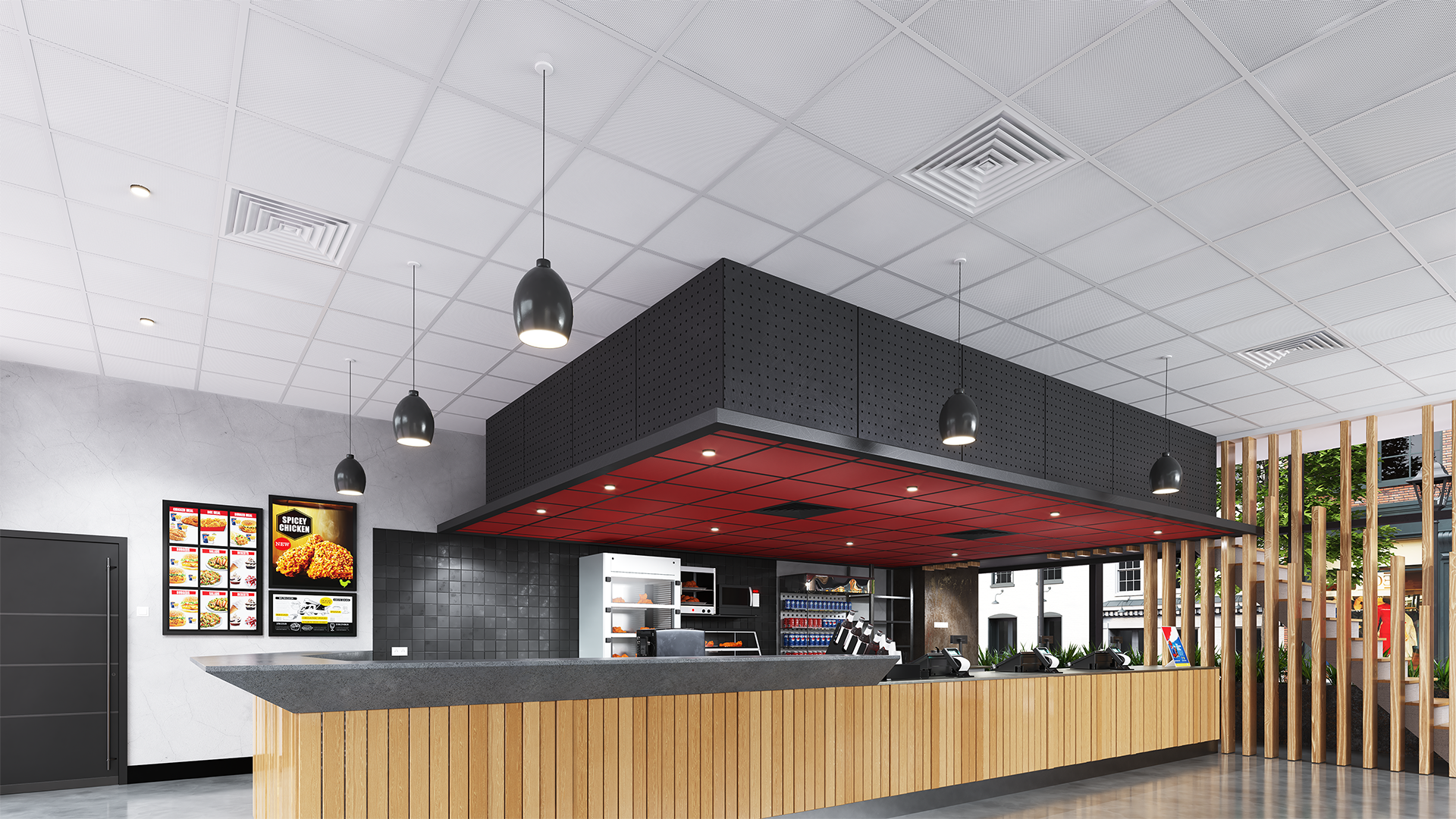 Zentia Ceiling Tile DecoMesh R10 Fast Food Restaurant HD
