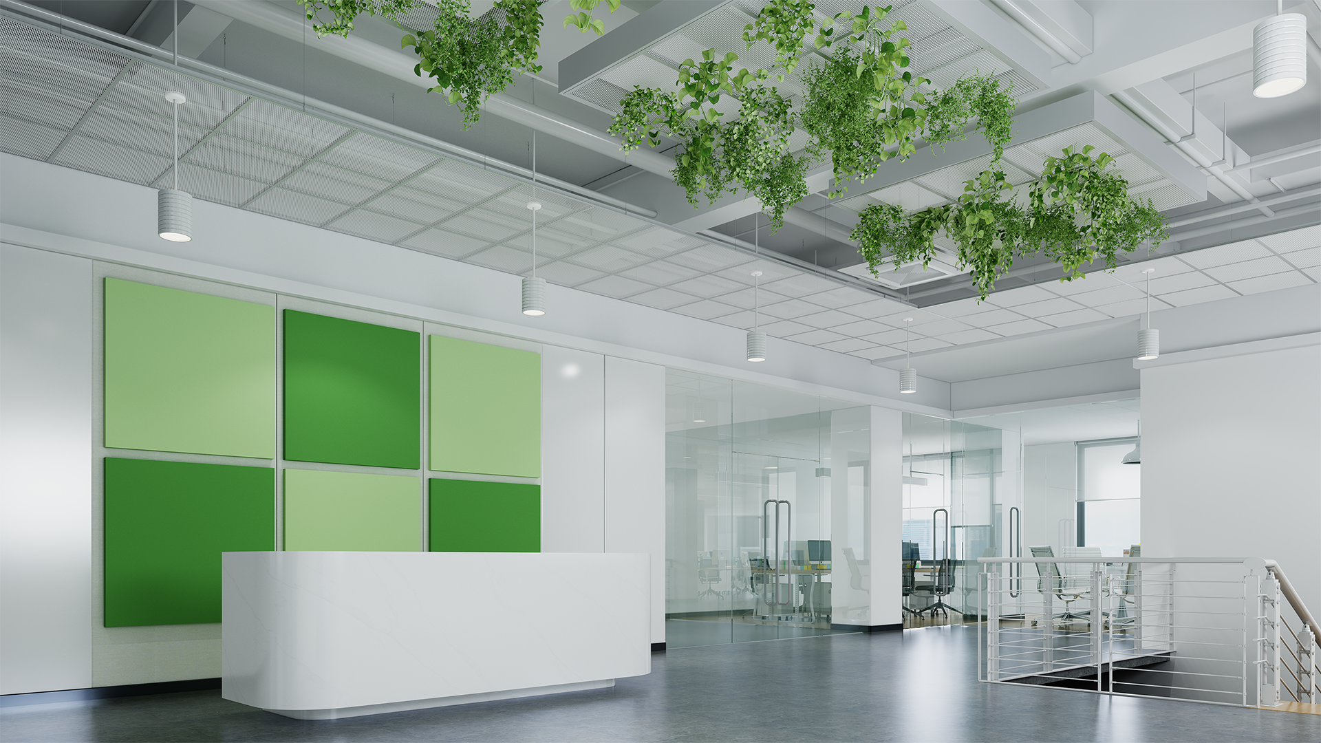 Zentia Ceiling Tile DecoMesh R28 DecoFrame Kit Classic Canopy and Sonify Wall Absorbers Glued Reception HD